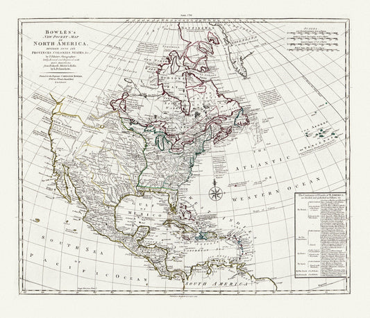 Bowles's new pocket map of North America, divided into it's provinces, colonies, states, &c.,1784 Ver.2 , on cotton canvas, 20 x 25" approx. - The Map Chest