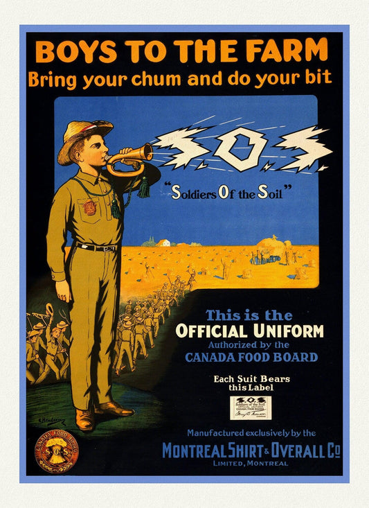 Boys to the Farm, Bring your Chums and do your bit, 1914, vintage war poster on durable cotton canvas, 50 x 70 cm, 20 x 25" approx. - The Map Chest