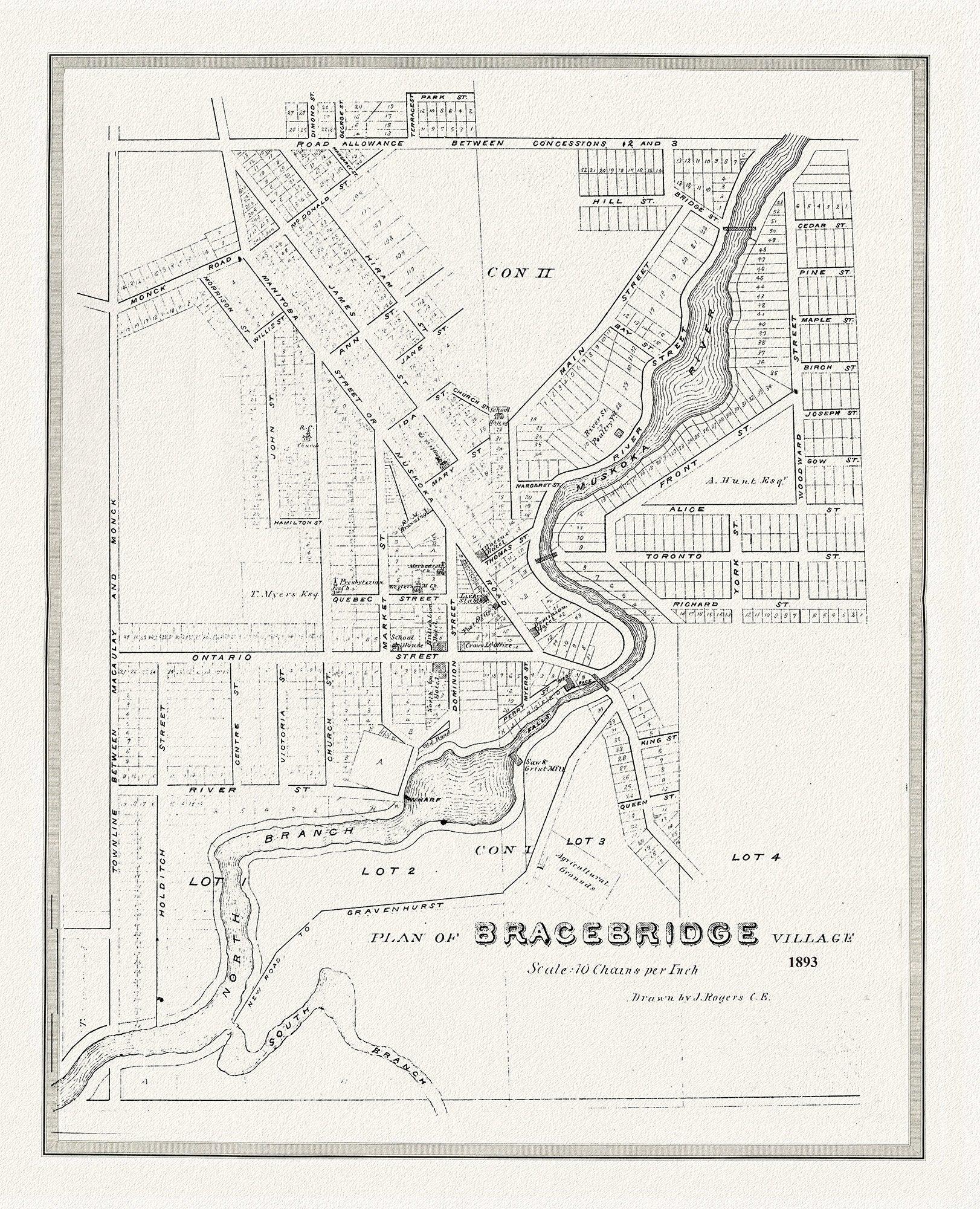 Bracebridge, Muskoka Region, 1893, map on heavy cotton canvas, 22x27" approx. - The Map Chest