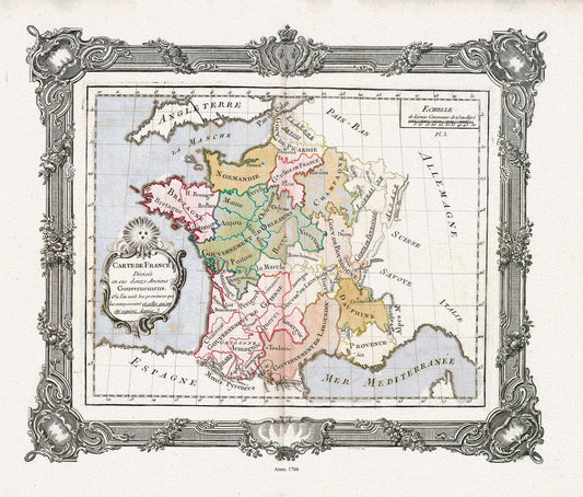 Brion de la Tour, Carte de France divisee en ses douze anciens Gouvernemens, 1766 ,une carte sur toile de coton épais, 56x70cm environ - The Map Chest