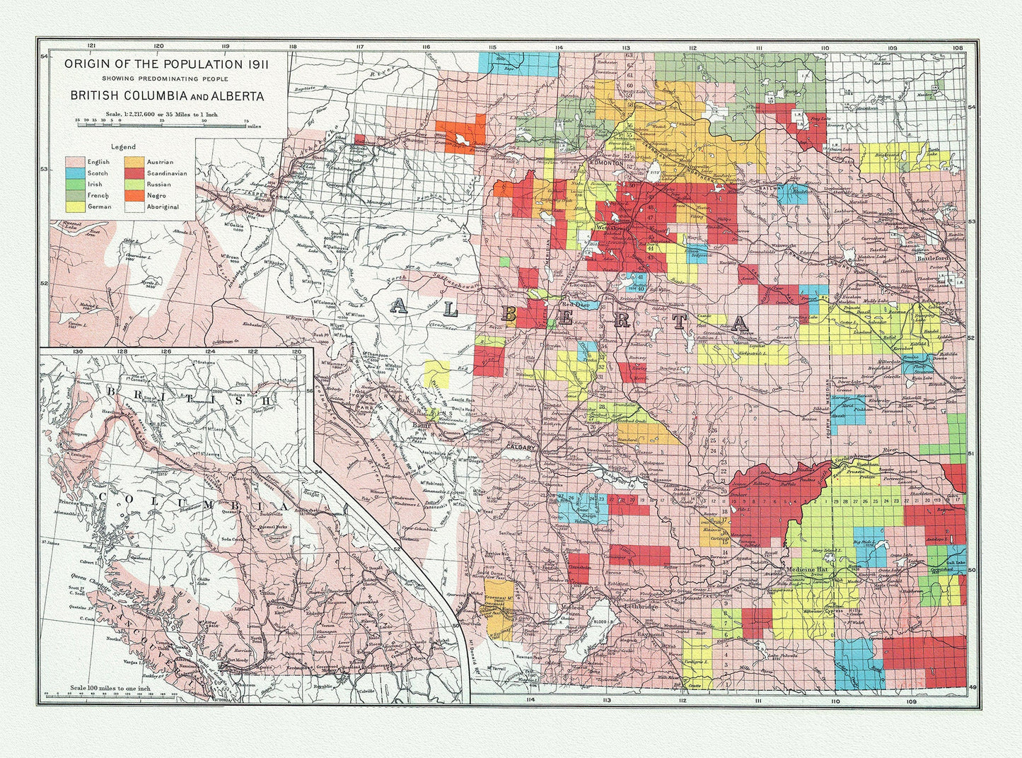 British Columbia and Alberta, Canada Department of the Interior et Chalifour - Origin of the population,1915 , map on cotton canvas, 20x27" - The Map Chest