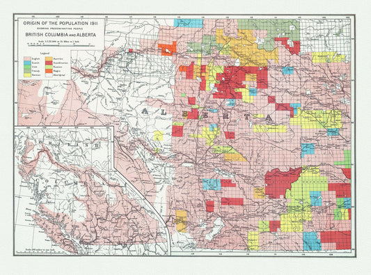 British Columbia and Alberta, Canada Department of the Interior et Chalifour - Origin of the population,1915 , map on cotton canvas, 20x27" - The Map Chest