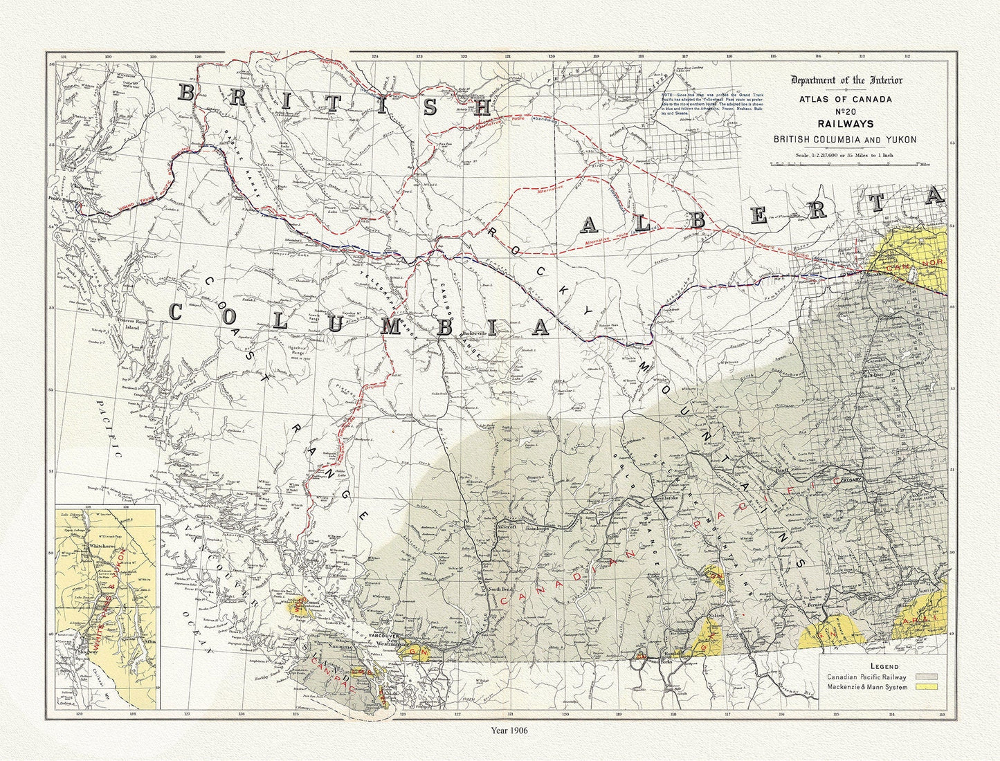 British Columbia and Yukon, Railways, 1906 , map on durable cotton canvas, 50 x 70 cm, 20 x 25" approx. - The Map Chest