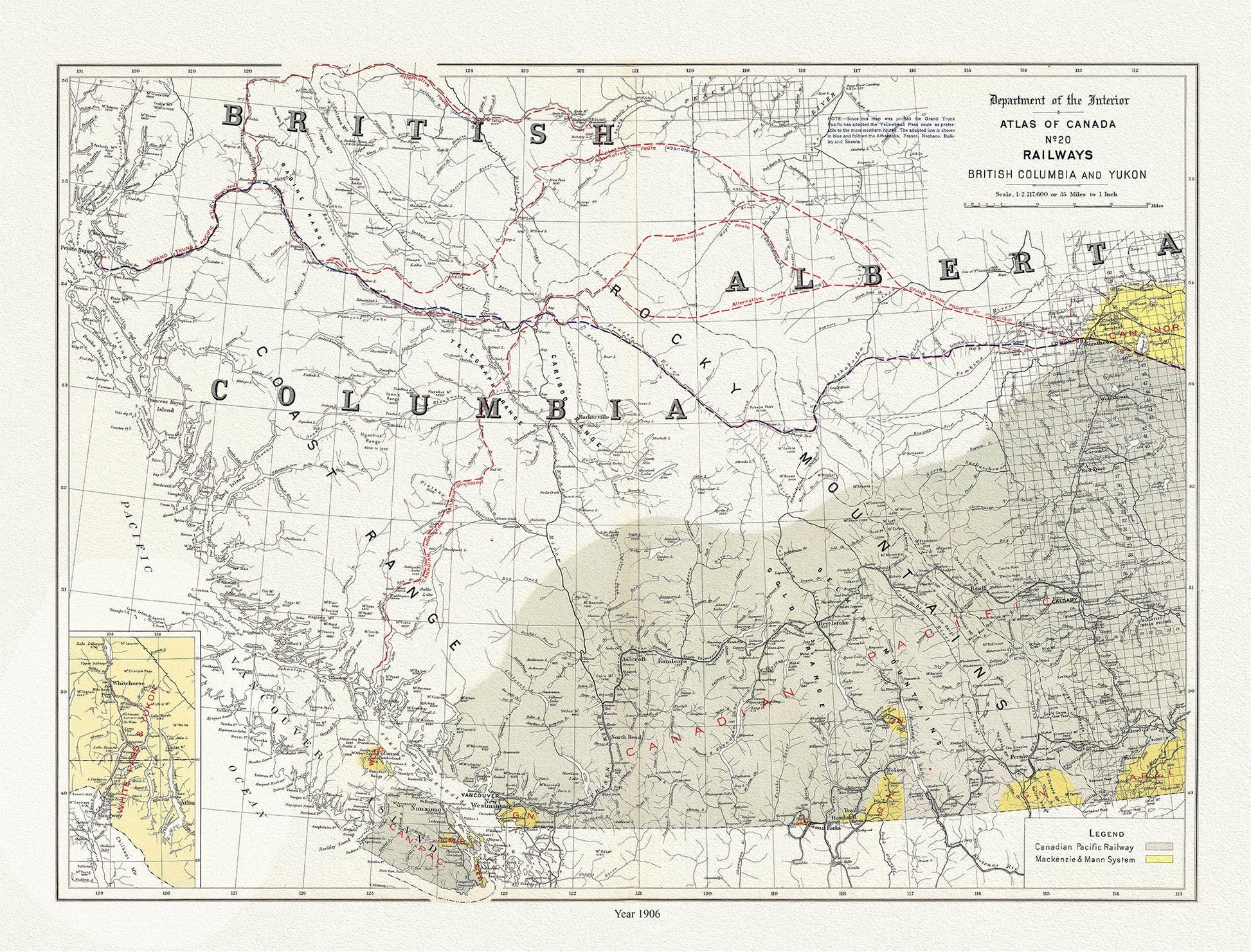 British Columbia and Yukon, Railways, 1906 , map on durable cotton canvas, 50 x 70 cm, 20 x 25" approx. - The Map Chest