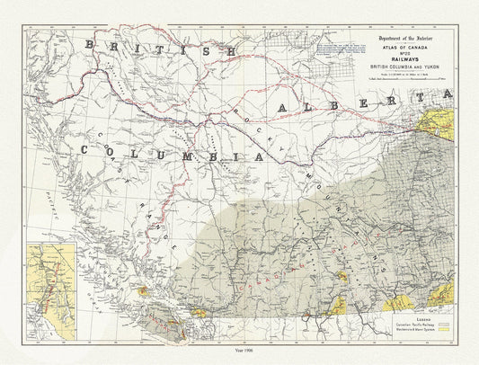 British Columbia and Yukon, Railways, 1906 , map on durable cotton canvas, 50 x 70 cm, 20 x 25" approx. - The Map Chest