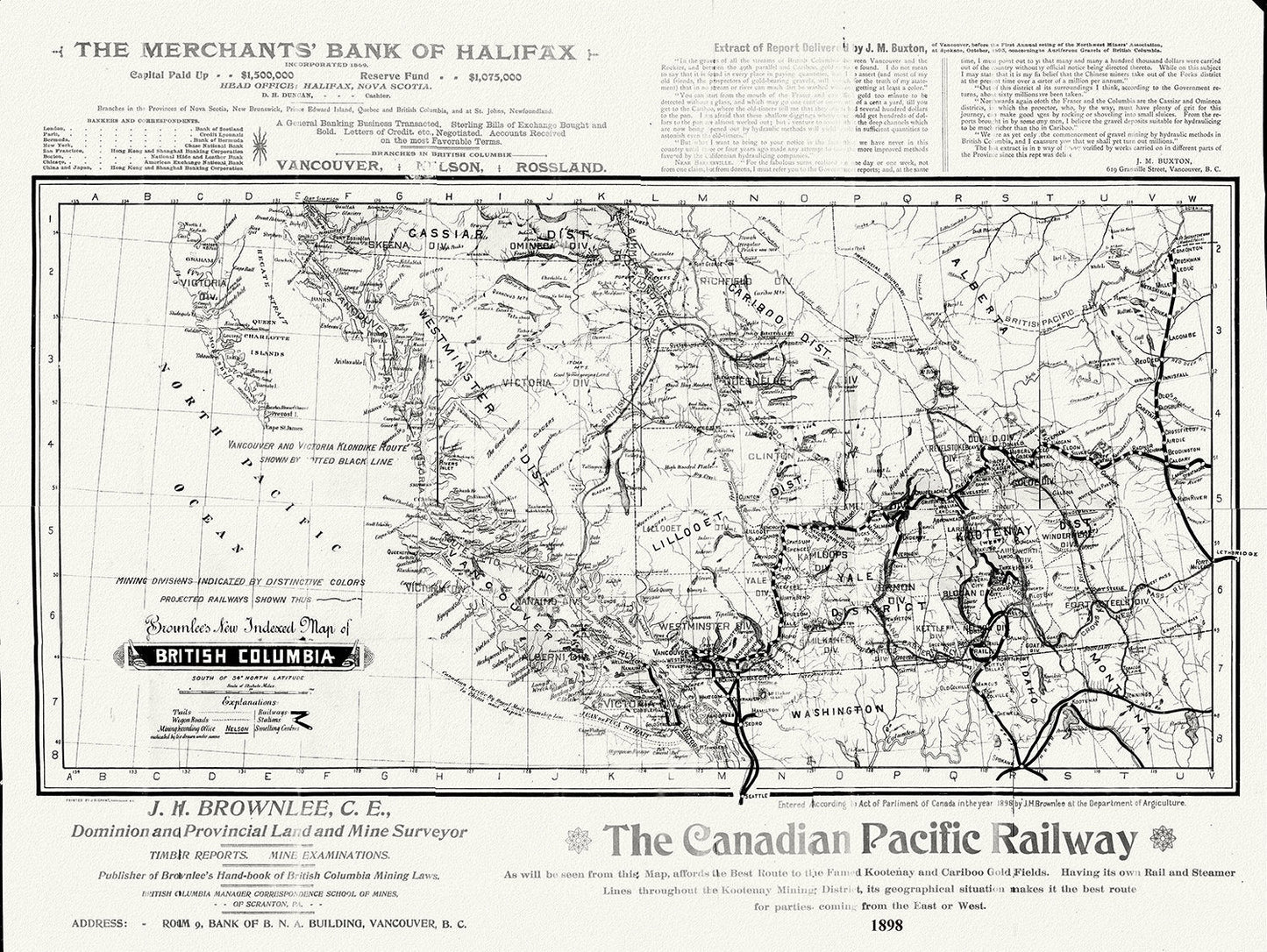 British Columbia, Brownlee auth., 1898, map on durable cotton canvas, 50 x 70 cm, 20 x 25" approx. - The Map Chest