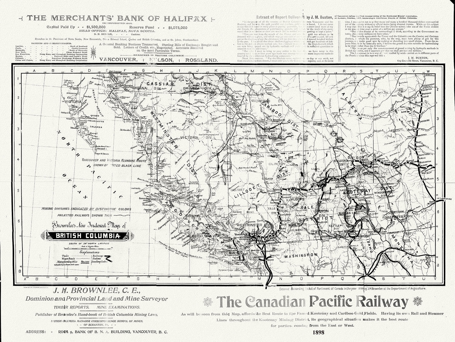 British Columbia, Brownlee auth., 1898, map on durable cotton canvas, 50 x 70 cm, 20 x 25" approx. - The Map Chest