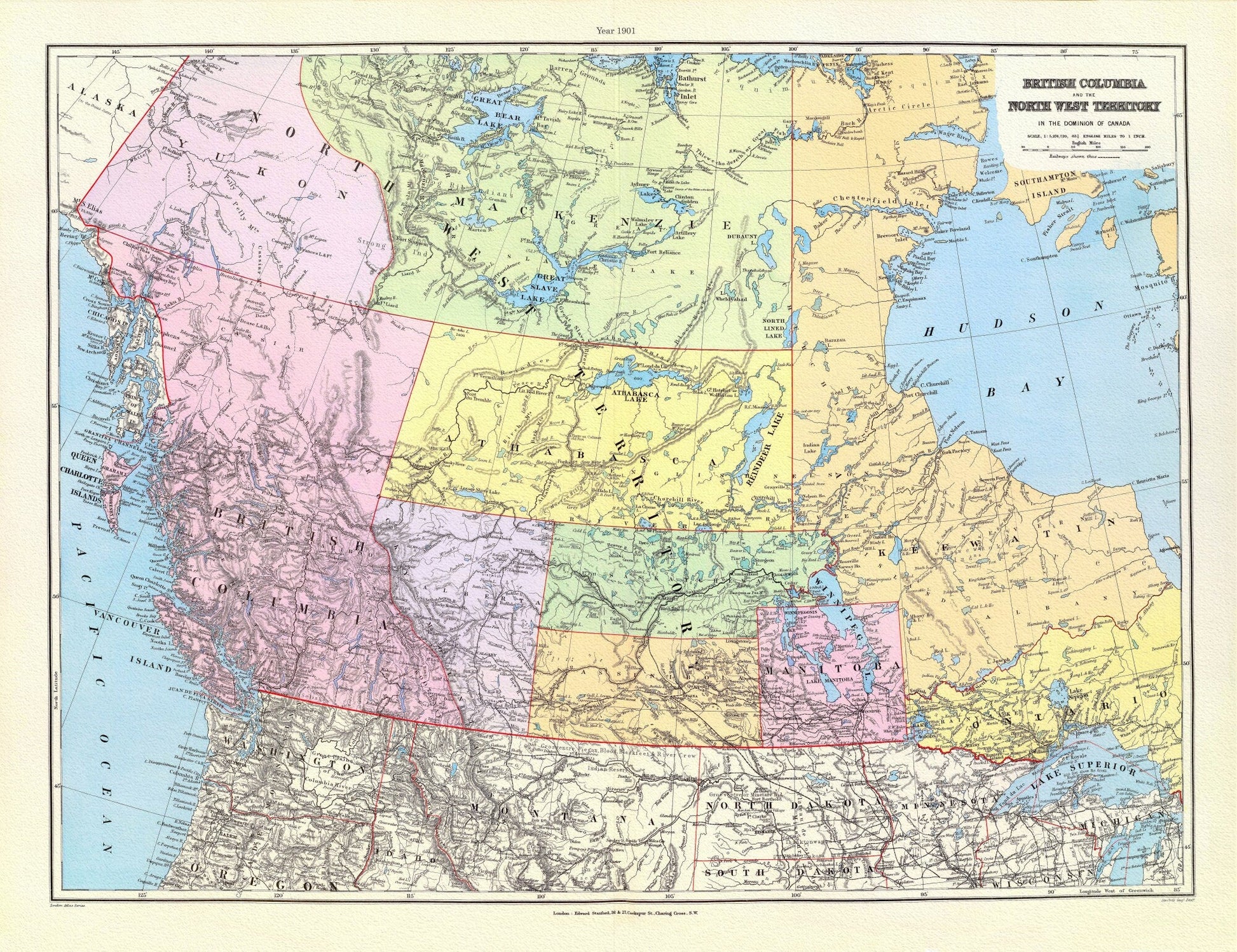 British Columbia, North West Territory, 1901, Stanford auth., map on durable cotton canvas, 50 x 70 cm, 20 x 25" approx. - The Map Chest