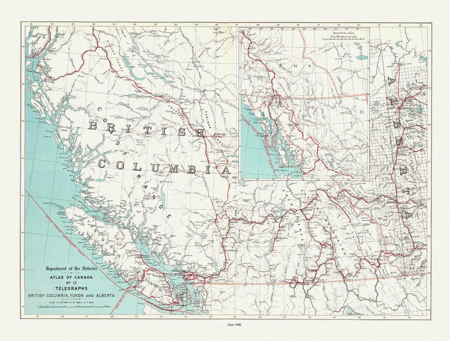 British Columbia, Yukon and Alberta, Telegraphs, 1906, map on durable cotton canvas, 50 x 70 cm, 20 x 25" approx. - The Map Chest