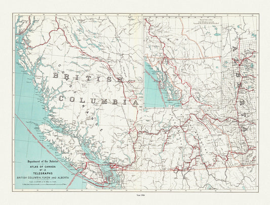British Columbia, Yukon and Alberta, Telegraphs, 1906, map on durable cotton canvas, 50 x 70 cm, 20 x 25" approx. - The Map Chest