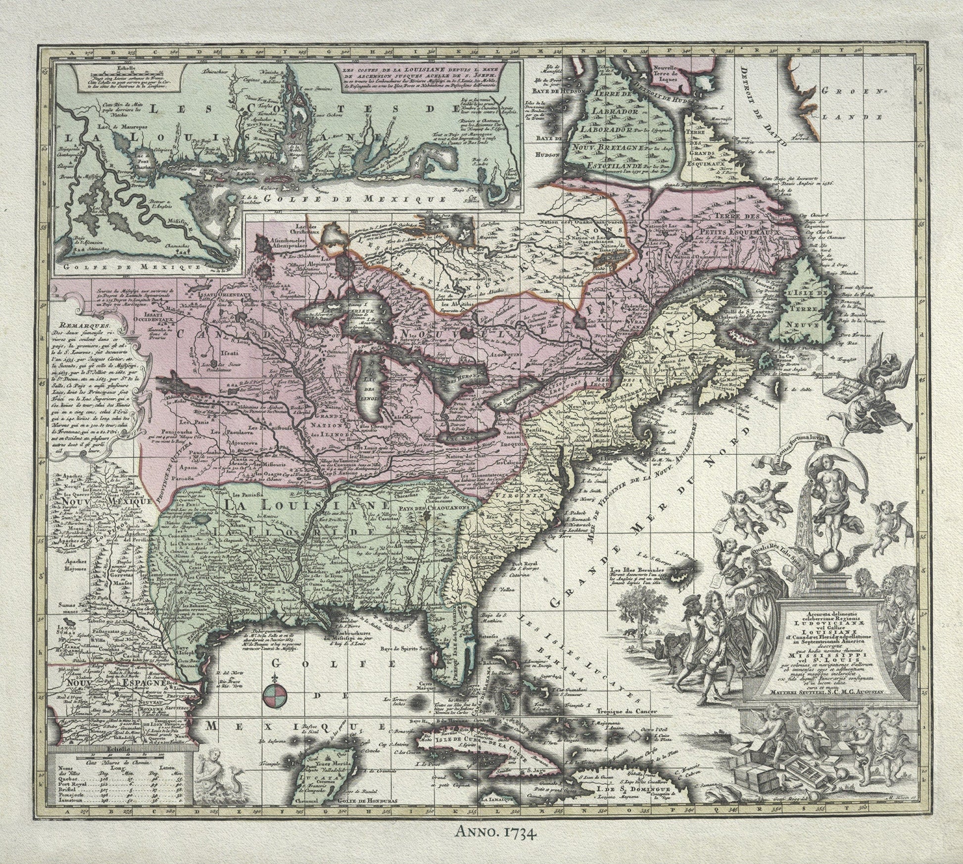 British North America, 1734 Rein auth., map on durable cotton canvas, 50 x 70 cm, 20 x 25" approx. - The Map Chest