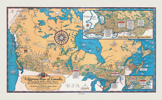Canada, A Literary Map, 1936 , vintage map reprinted on durable cotton canvas, 50 x 70 cm, 20 x 25" approx. - The Map Chest