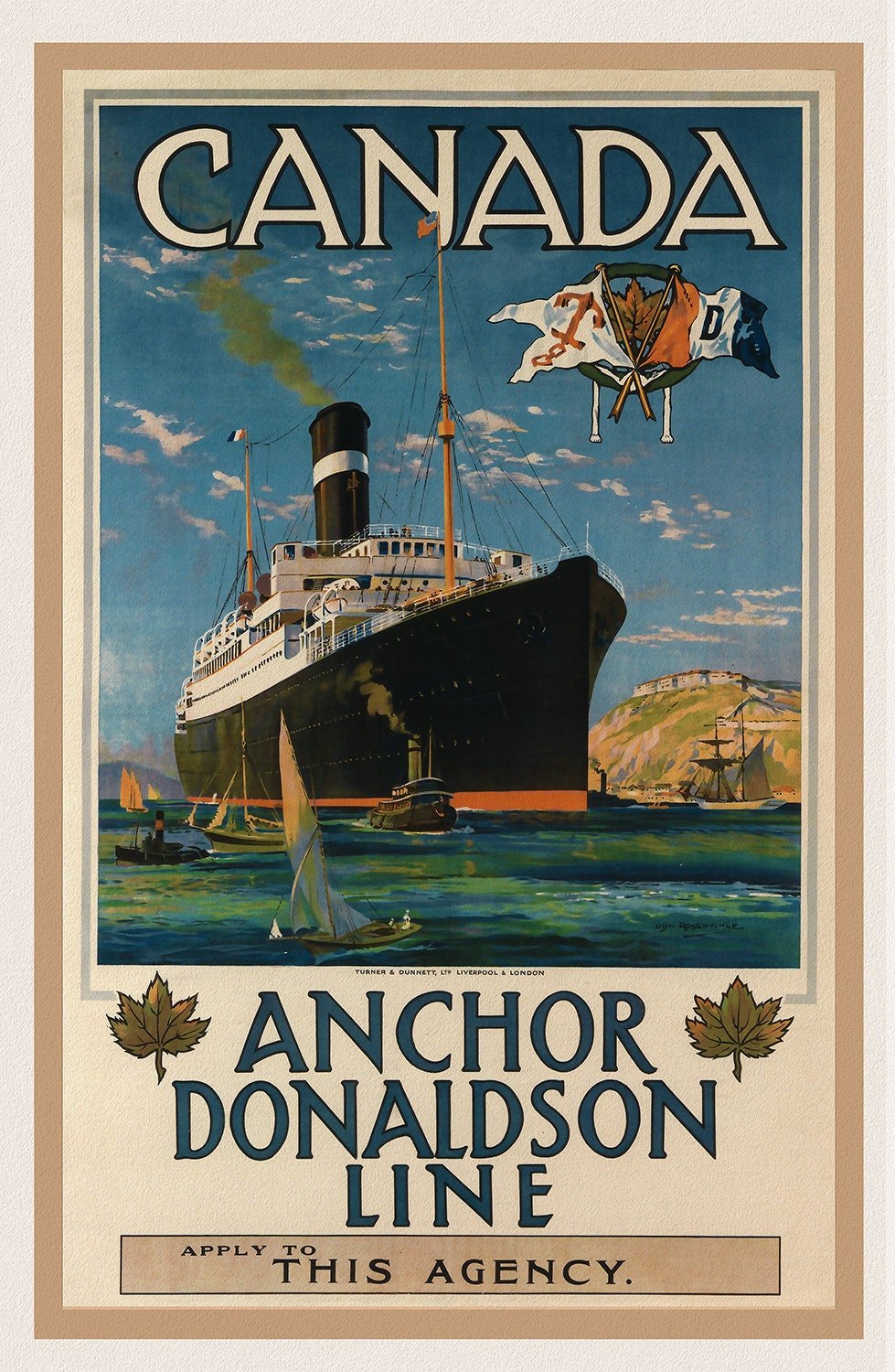 Canada, Anchor Donaldson Line, 1920, travel poster on heavy cotton canvas, 45 x 65 cm, 18 x 24" approx. - The Map Chest