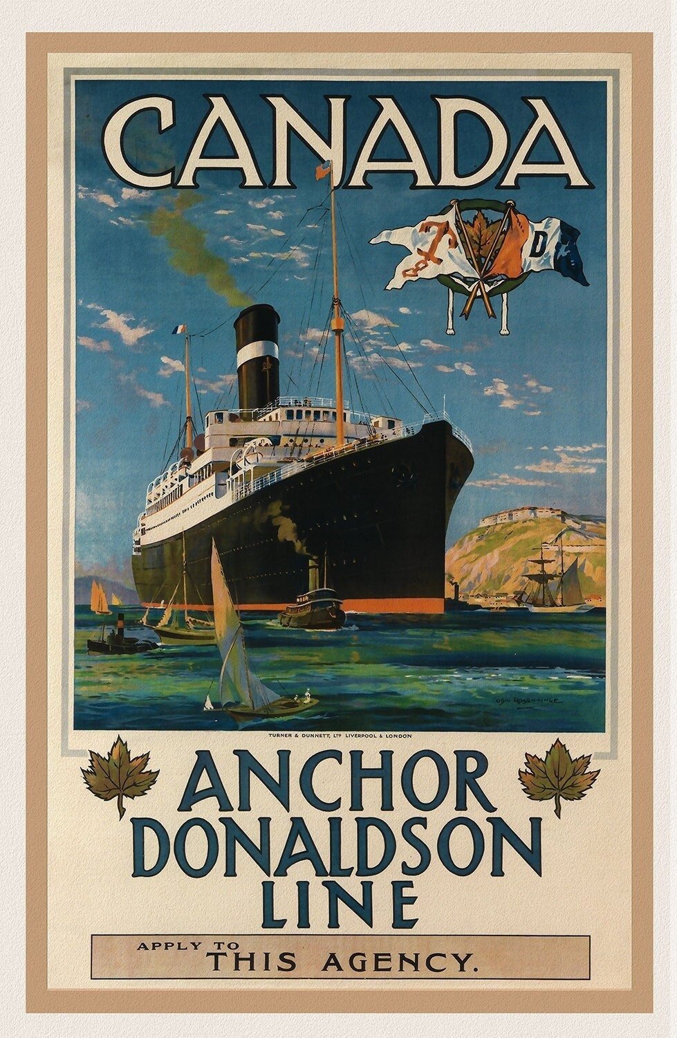 Canada, Anchor Donaldson Line, 1920, travel poster on heavy cotton canvas, 50 x 70 cm, 20 x 25" approx. - The Map Chest
