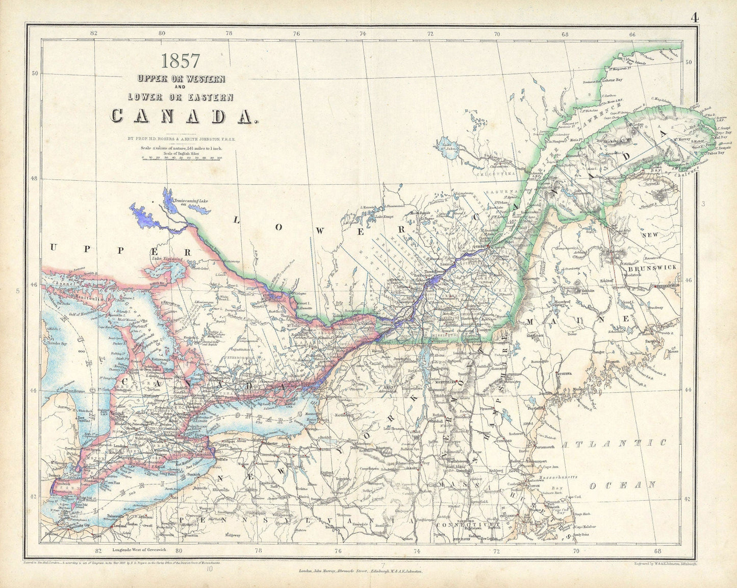 Canada ,Central,1857, Johnston auth., map on durable cotton canvas, 50 x 70 cm, 20 x 25" approx. - The Map Chest