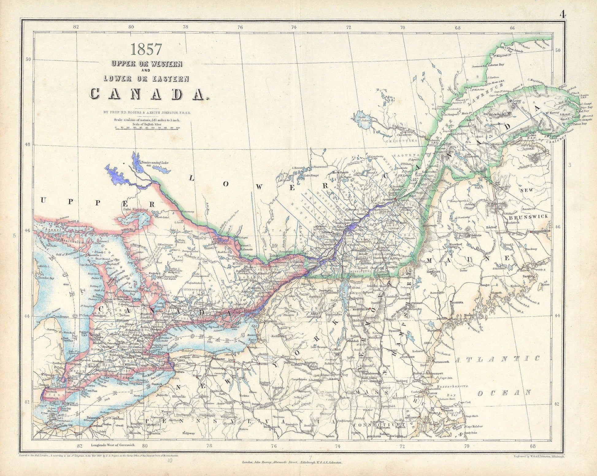 Canada ,Central,1857, Johnston auth., map on durable cotton canvas, 50 x 70 cm, 20 x 25" approx. - The Map Chest