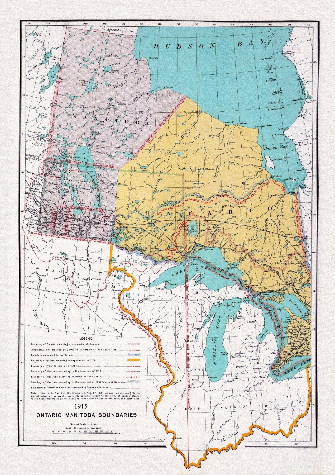 Canada. Department of Interior, Ontario, Manitoba Boundary, 1915, map on heavy cotton canvas, 22x27" approx. - The Map Chest