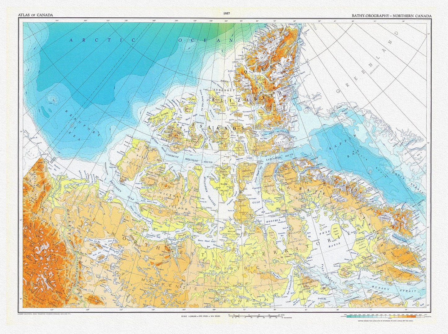Canada. Department of Mines and Technical Surveys, Bathy - orography, Northern Canada, 1957, map on heavy cotton canvas, 22x27" approx. - The Map Chest