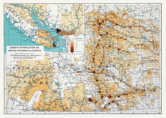 Canada Department of the Interior, Density of population 1911, British Columbia and Alberta, 1915, on heavy cotton canvas, 22x27" approx. - The Map Chest