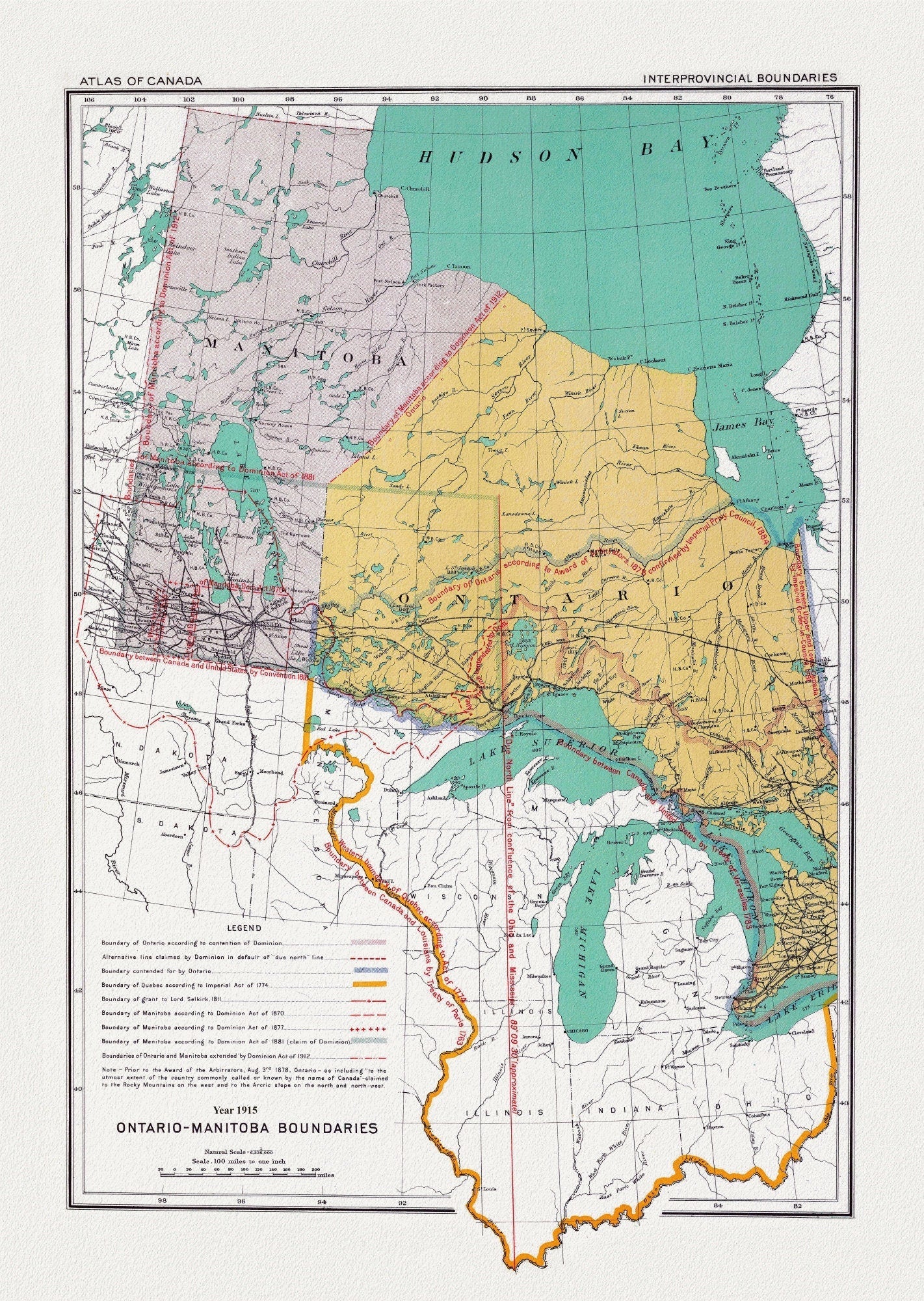 Canada Department of the Interior et Chalifour, Ontario & Manitoba boundary, 1915, map on heavy cotton canvas, 22x27" approx. - The Map Chest