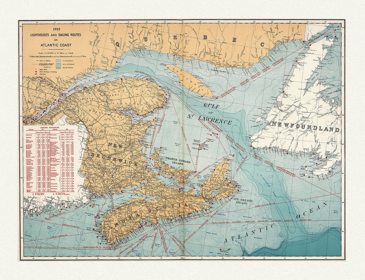 Canada Department of the Interior: Lighthouses and sailing routes on Atlantic coast, 1915 , map on heavy cotton canvas, 20 x 25" approx. - The Map Chest