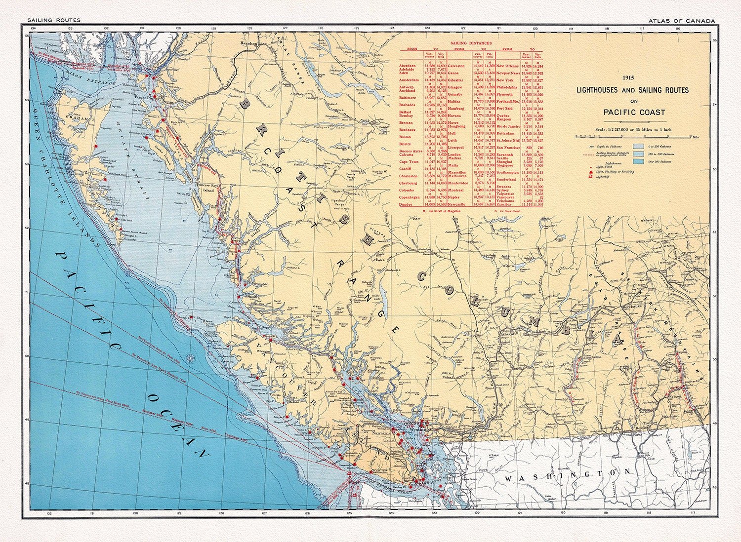Canada Department of the Interior, Lighthouses and sailing routes on Pacific Coast, 1915, map on heavy cotton canvas, 22x27" approx. - The Map Chest
