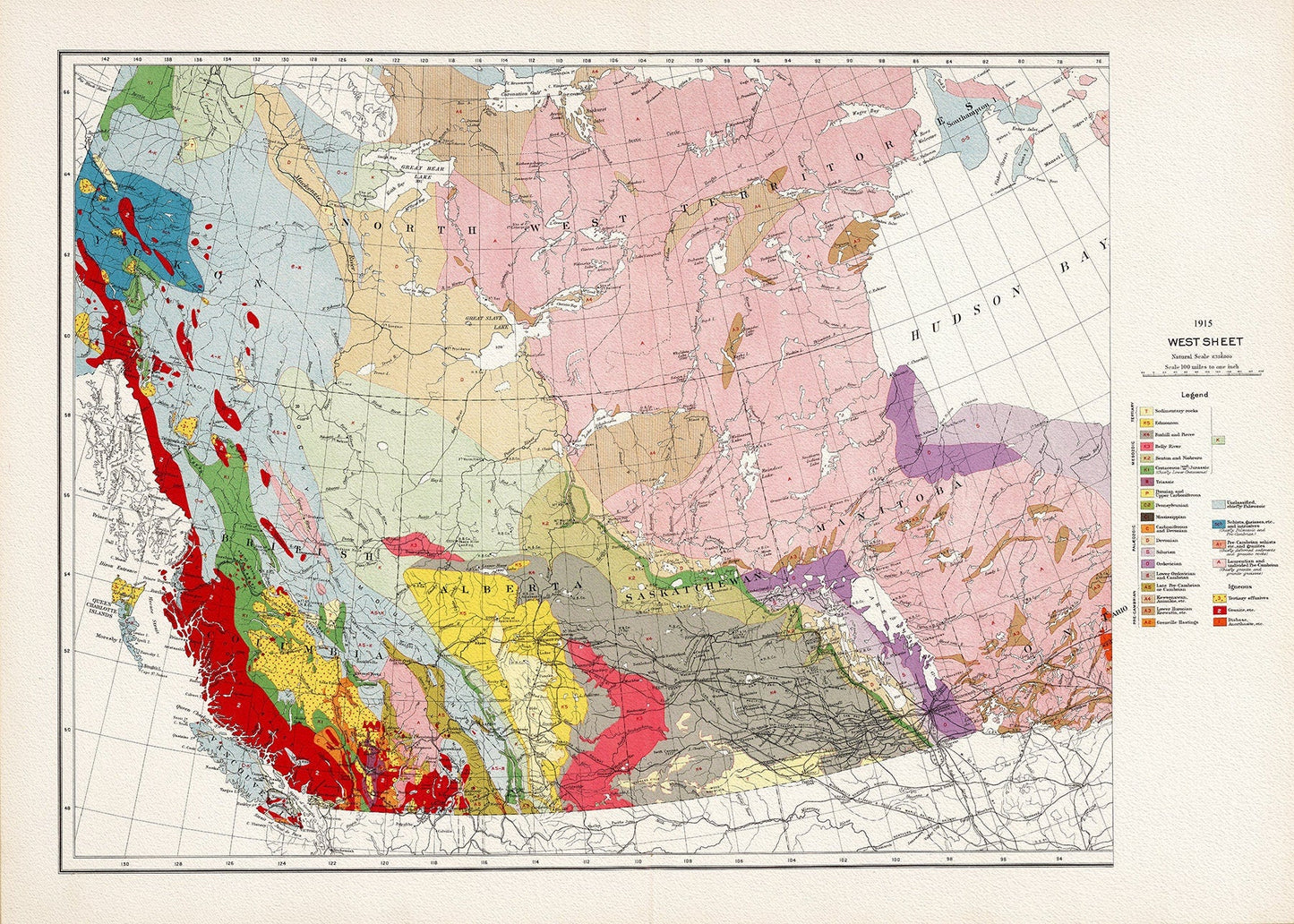 Canada Department of the Interior, West sheet. Geological Map of the Dominion of Canada, 1915, map on heavy cotton canvas, 22x27" approx. - The Map Chest