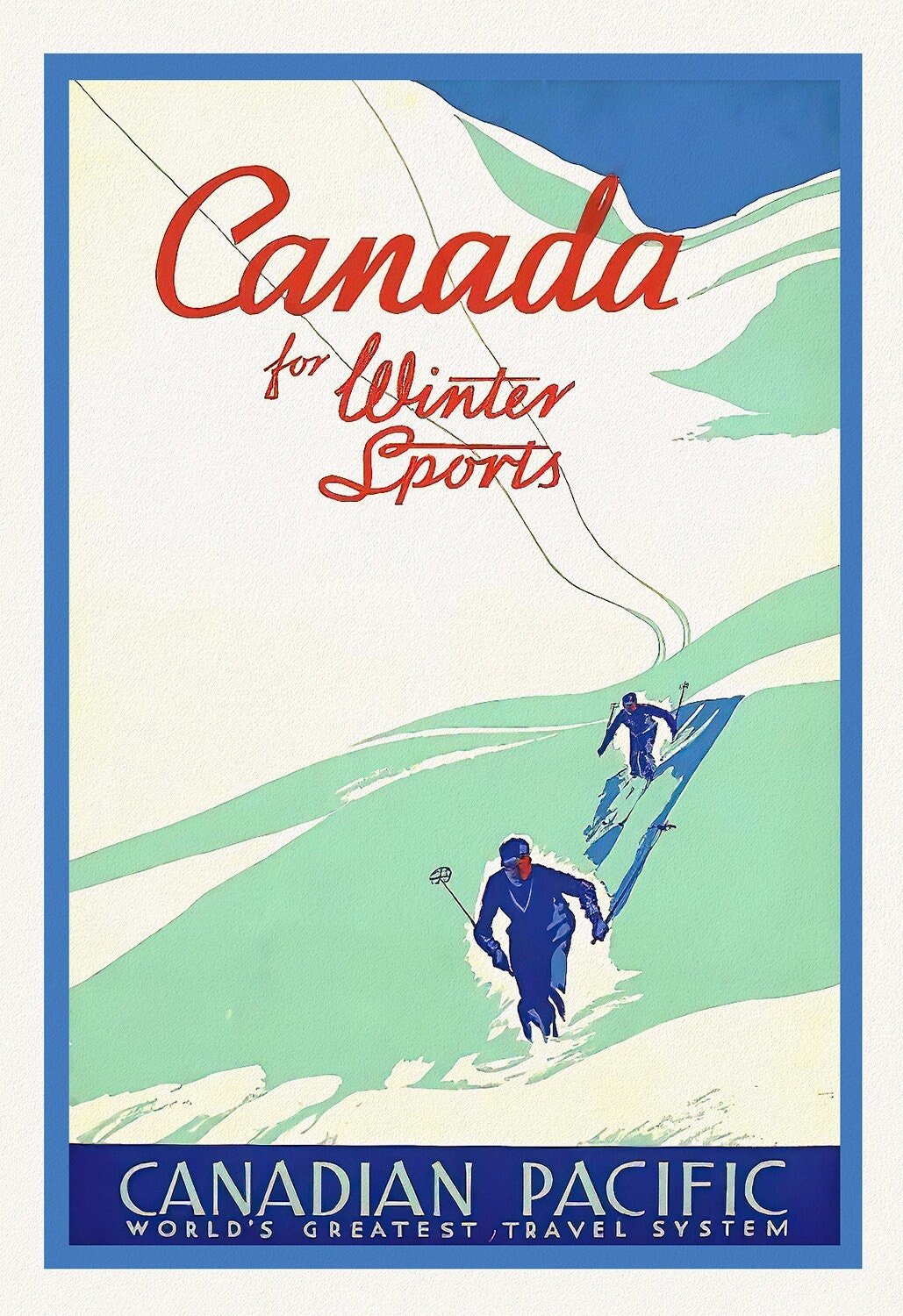 Canada for Winter Sports, Canadian Pacific Travel , vintage poster on heavy cotton canvas, 45 x 65 cm, 18 x 24" approx. - The Map Chest