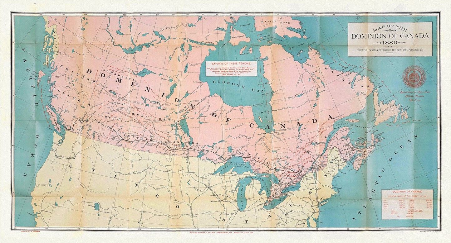 Canada, its history, productions and natural resources, prepared under the direction of Honourable John Carling, 1886, map on canvas, 20x25" - The Map Chest