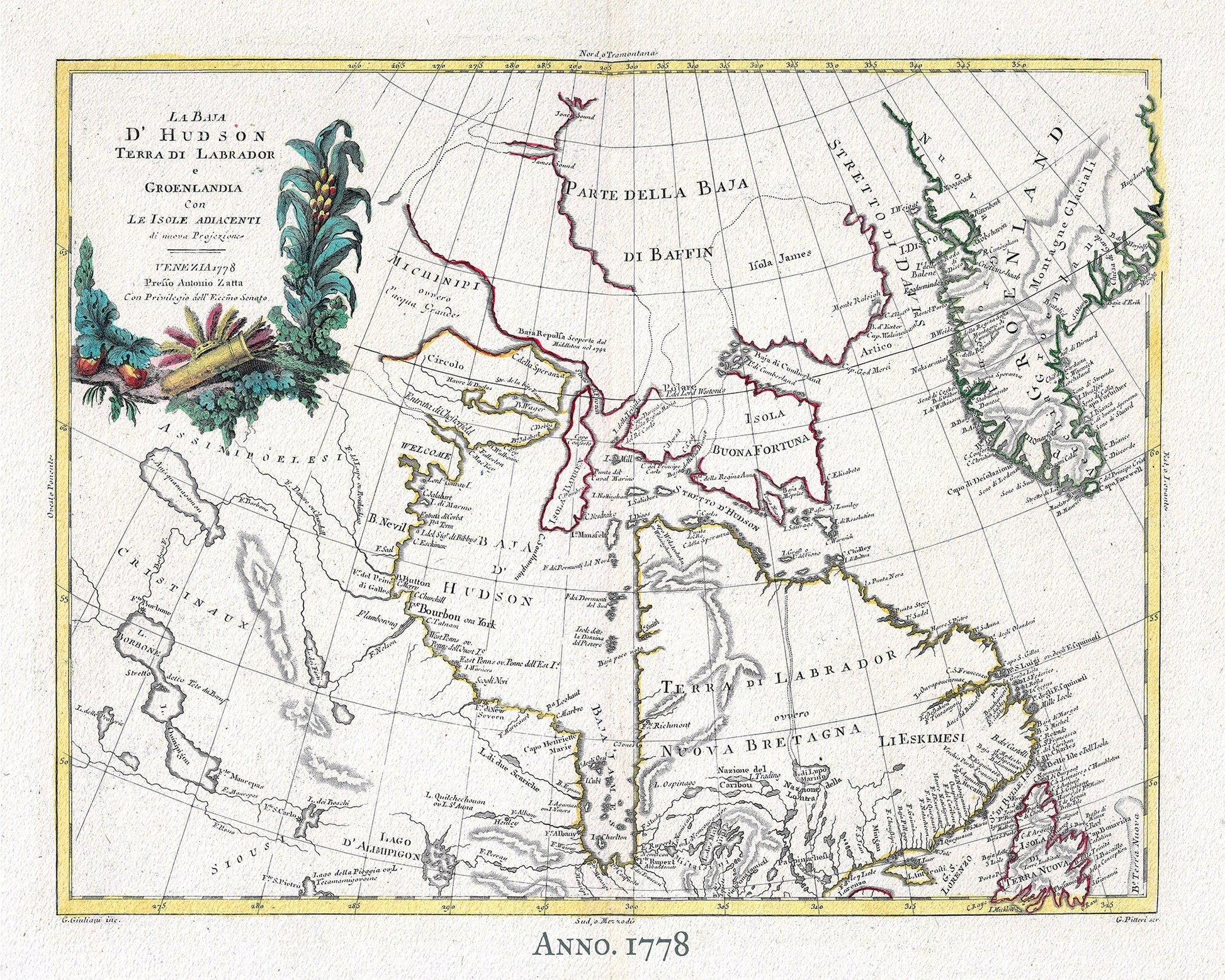 Canada, Labrador & Greenland, 1778 ,Zatta auth. , map on heavy cotton canvas, 50x70cm (20 x 25") approx. - The Map Chest