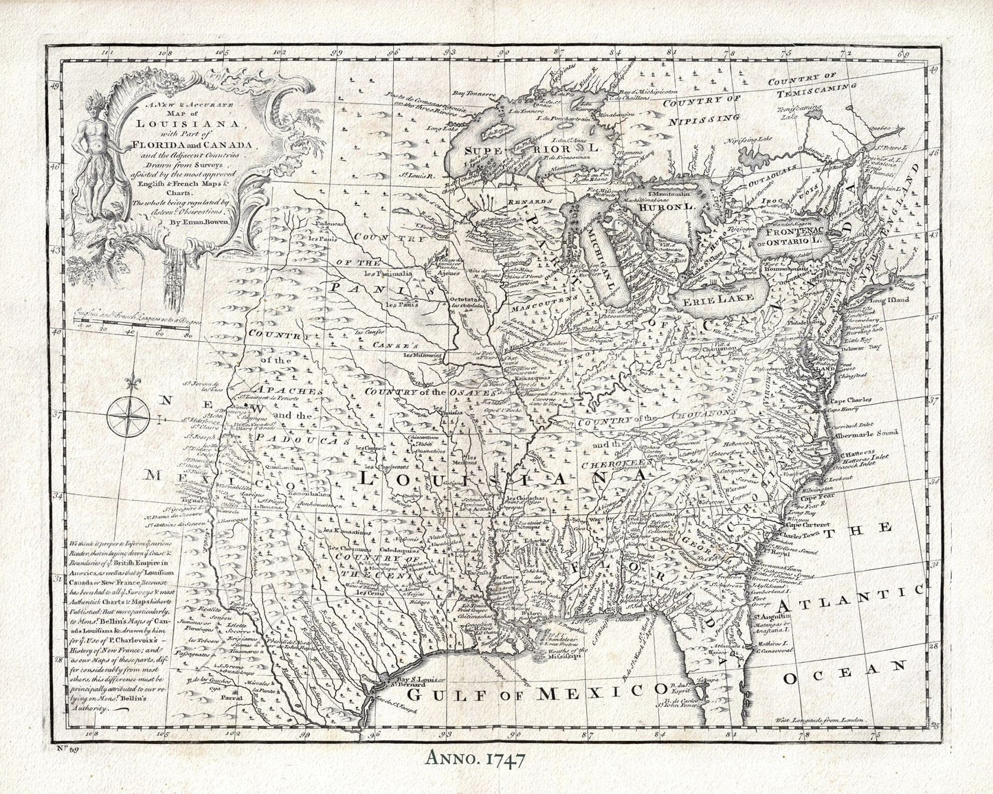 Canada, Louisiana, 1747, Bowen, , map on heavy cotton canvas, 50 x 70cm, 20 x 25" approx. - The Map Chest
