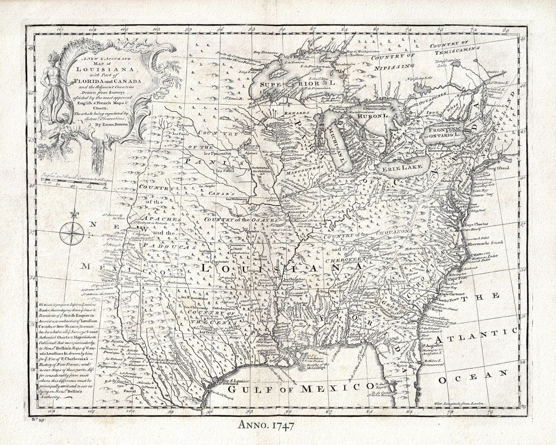 Canada, Louisiana, 1747, Bowen, , map on heavy cotton canvas, 50 x 70cm, 20 x 25" approx. - The Map Chest