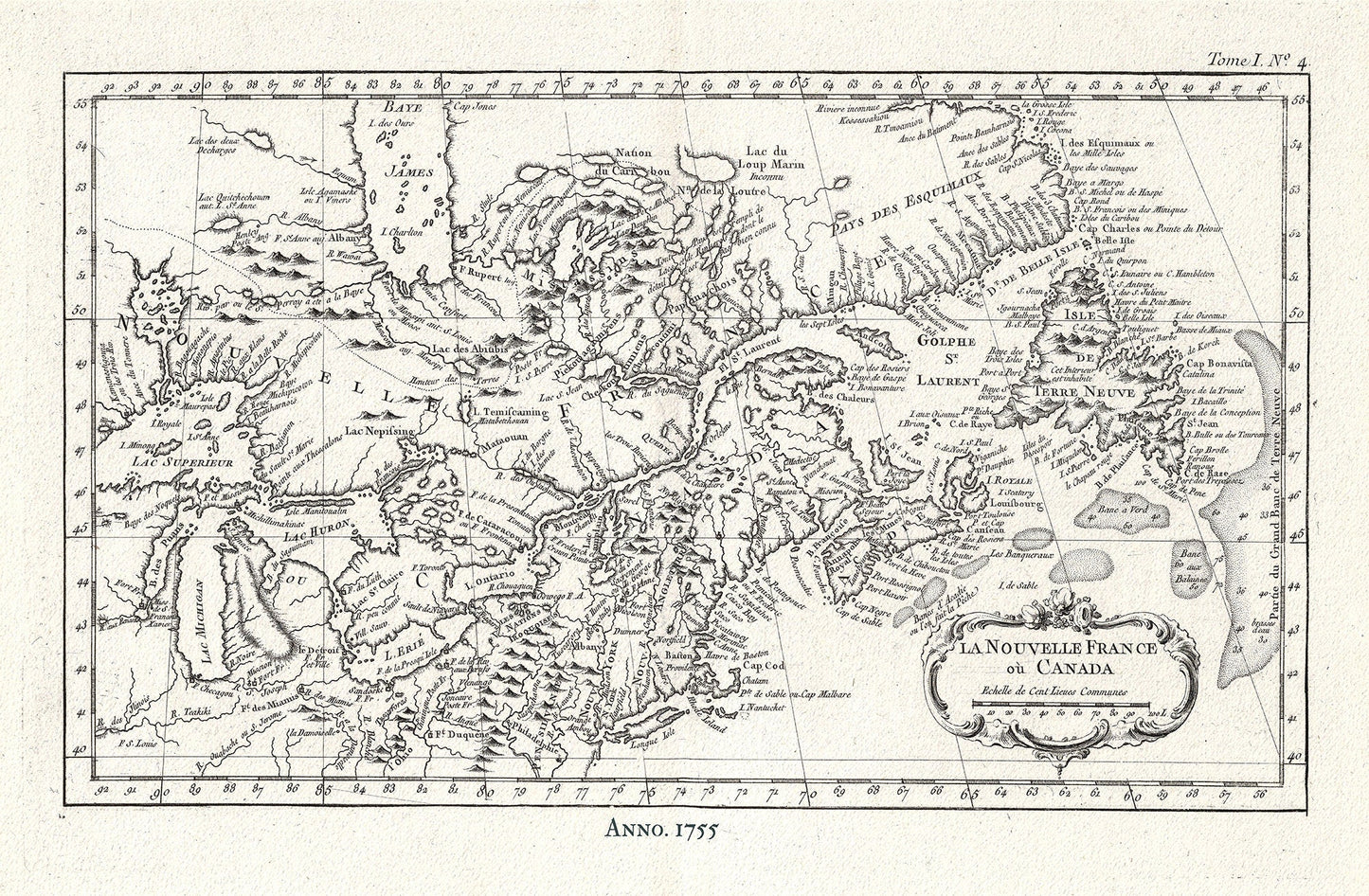 Canada, Nouvelle France, 1755, Jacques Nicolas Bellin, map on heavy cotton canvas, 50x70cm (20 x 25") approx. - The Map Chest