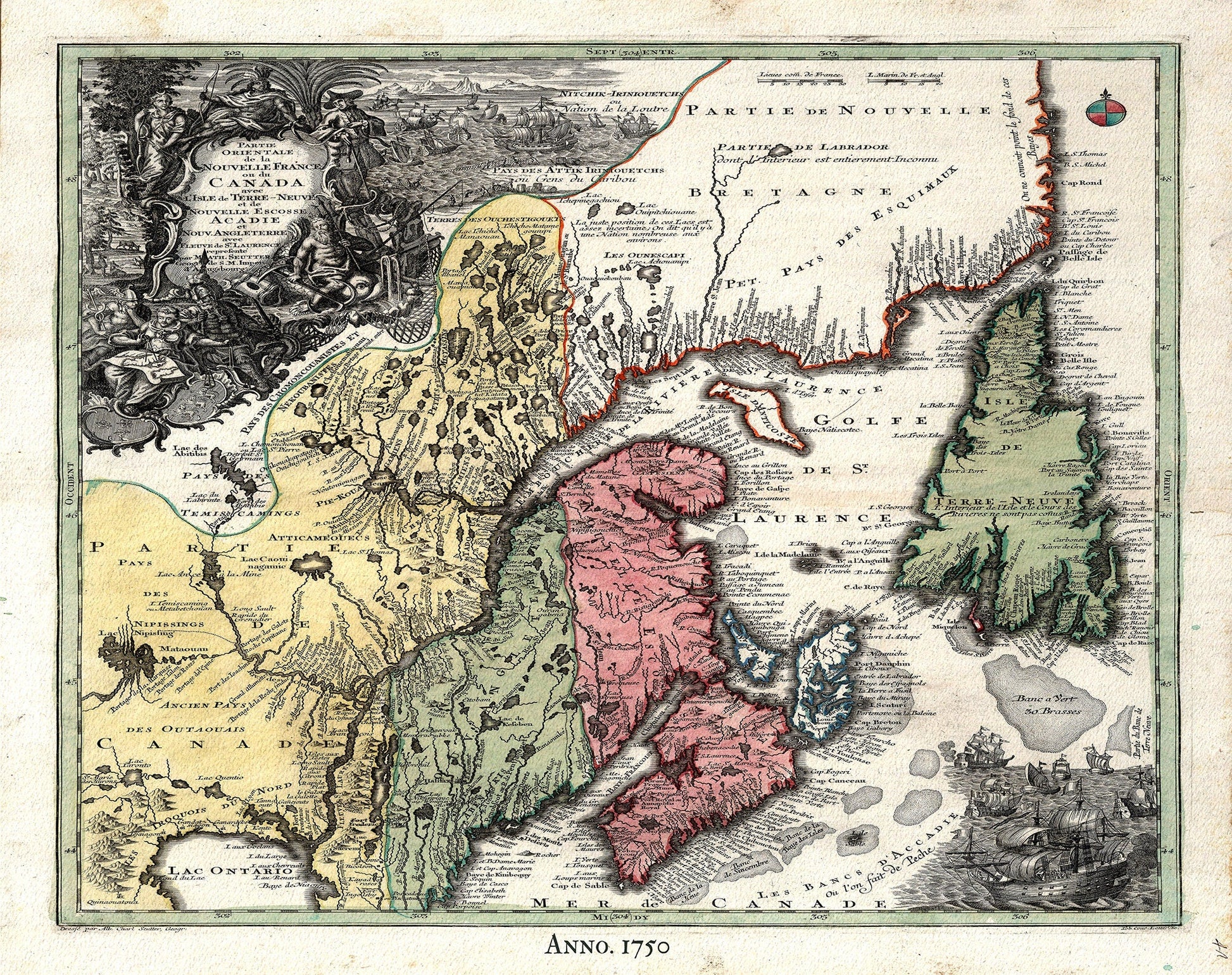 Canada, Nouvelles France, 1720, Seutter auth., map on heavy cotton canvas, 50x70cm (20 x 25") approx. - The Map Chest