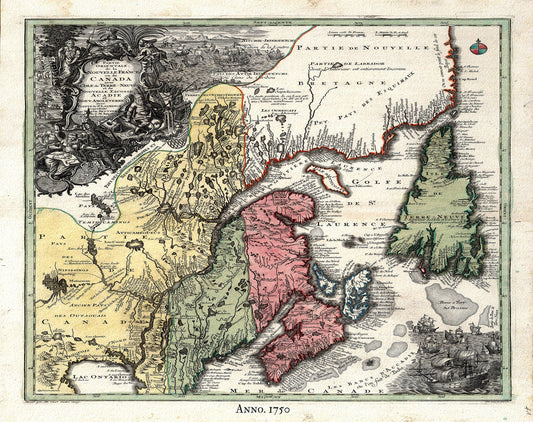 Canada, Nouvelles France, 1720, Seutter auth., map on heavy cotton canvas, 50x70cm (20 x 25") approx. - The Map Chest
