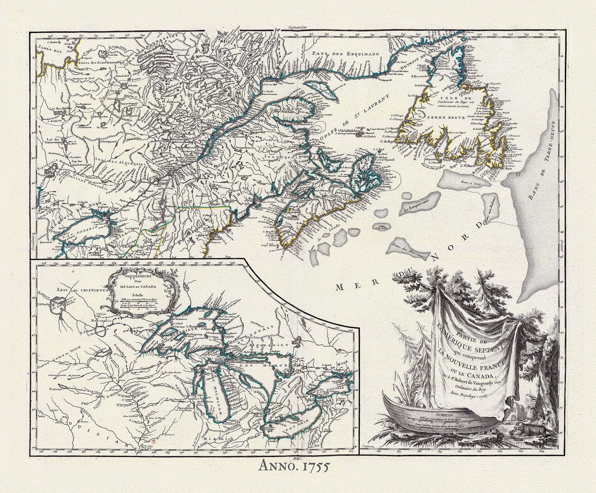 Canada, Nouvelles France,1755, Vaugondy auth., map on heavy cotton canvas, 50x70cm (20 x 25") approx. - The Map Chest