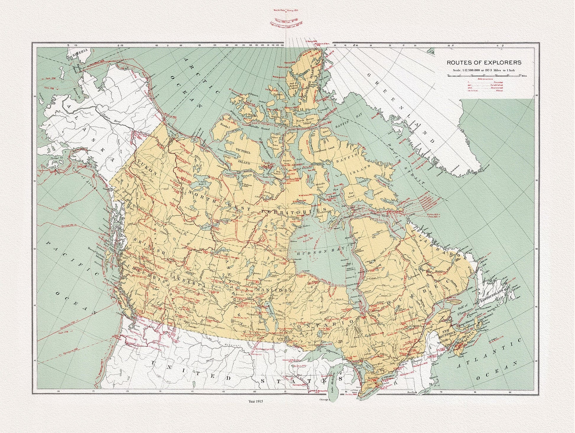 Canada, Routes of explorers, Chalifour (auth.), 1915, map on heavy cotton canvas, 20 x 25" approx. - The Map Chest