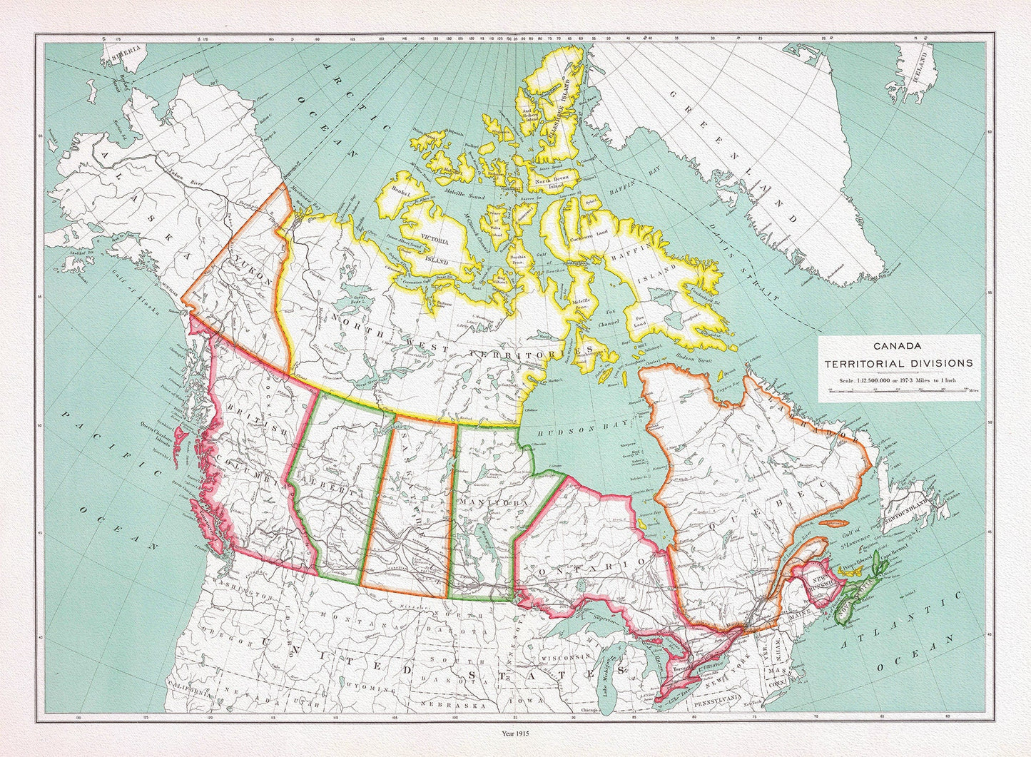 Canada territorial divisions, 1915, map on heavy cotton canvas, 22x27" approx - The Map Chest