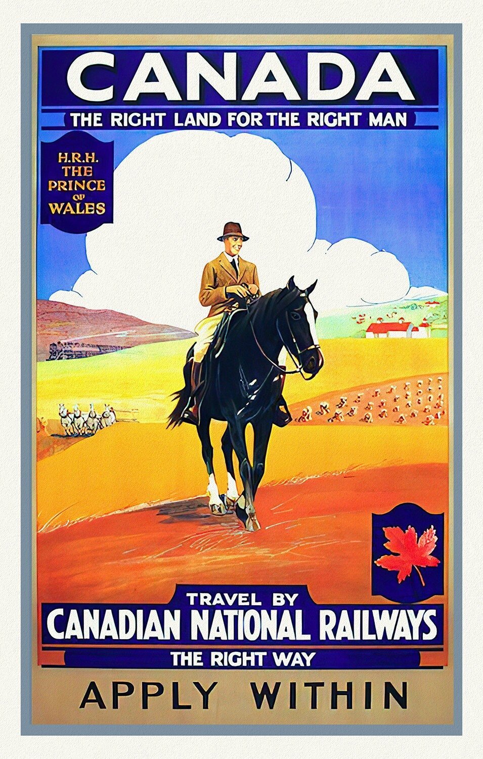 Canada, The Right Land, CNR, vintage travel poster reprinted on durable cotton canvas, 50 x 70 cm, 20 x 25" approx. - The Map Chest