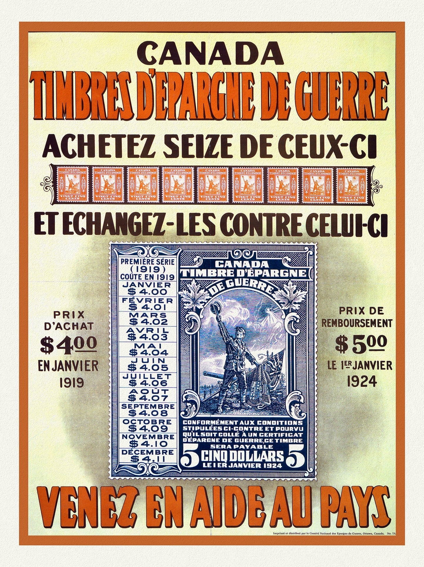Canada Timbres d'Epargne de Guerre. Venez en aide au pays, 1918, vintage war poster on durable cotton canvas, 50 x 70 cm, 20 x 25" approx. - The Map Chest