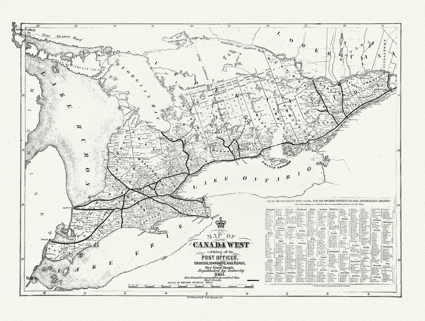Canada West, Post Offices, Towns, Railroads, 1863, railroad map on durable cotton canvas, 50 x 70 cm or 20x25" approx. - The Map Chest