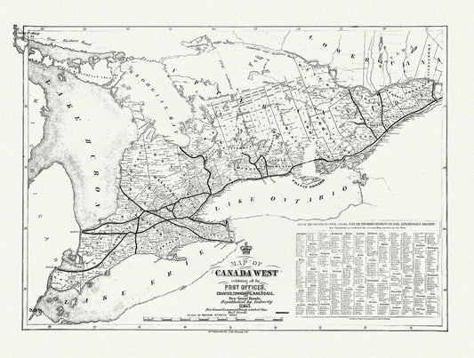 Canada West, Post Offices, Towns, Railroads, 1863, railroad map on durable cotton canvas, 50 x 70 cm or 20x25" approx. - The Map Chest