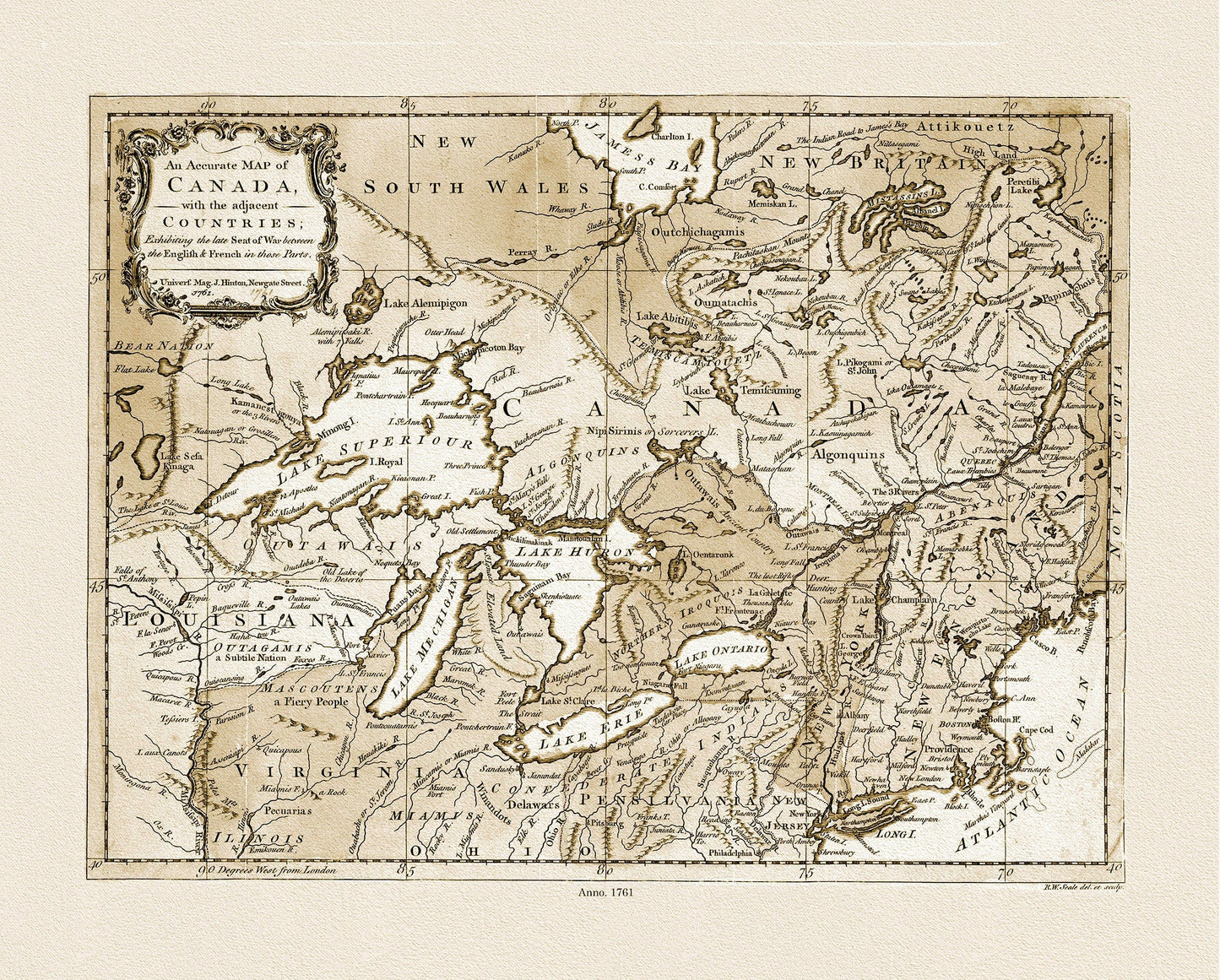 Canada, with the adjacent countries exhibiting the late seat of war between the English & French in those parts, 1761 ,on canvas, 22x27" - The Map Chest