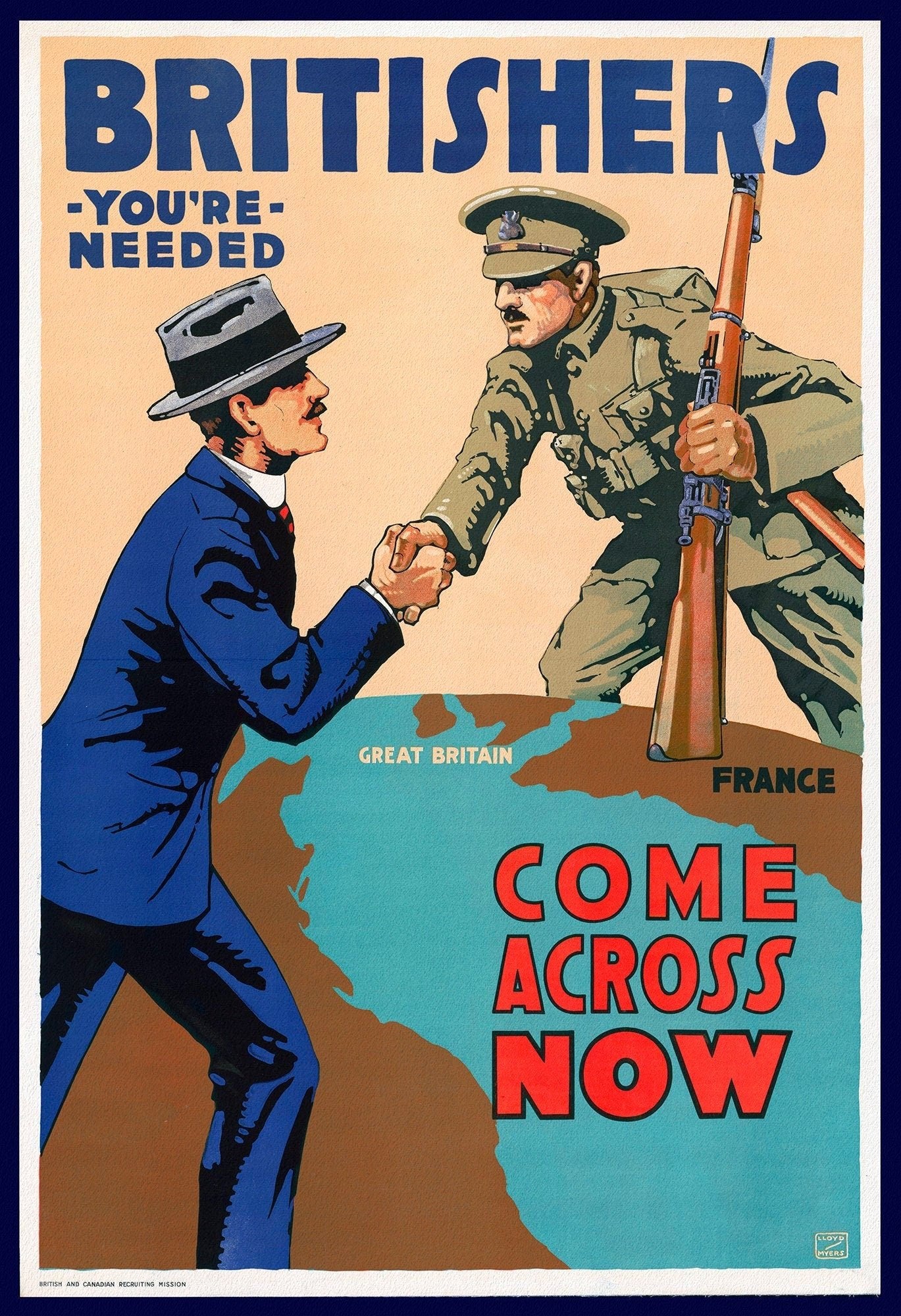 Canada WW I Poster, Britishers, you're needed! Come across now! ,1917, on heavy canvas, 22x27" approx. - The Map Chest