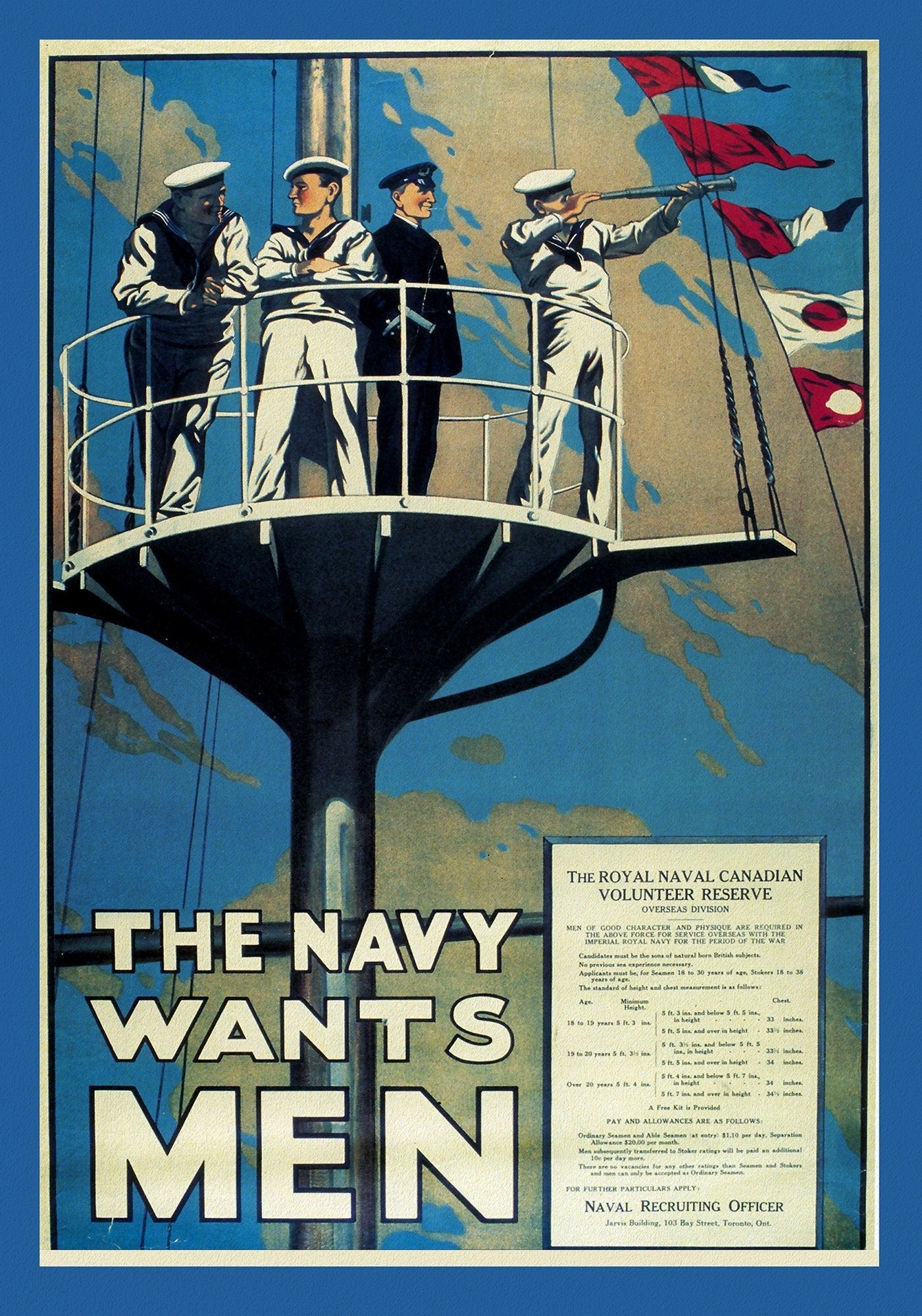 Canada WW I Poster, The Navy Wants Men!, 1915, on heavy cotton canvas, 22x27" approx. - The Map Chest
