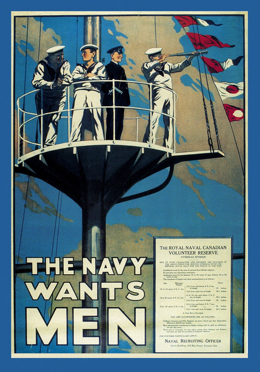 Canada WW I Poster, The Navy Wants Men!, 1915, on heavy cotton canvas, 22x27" approx. - The Map Chest