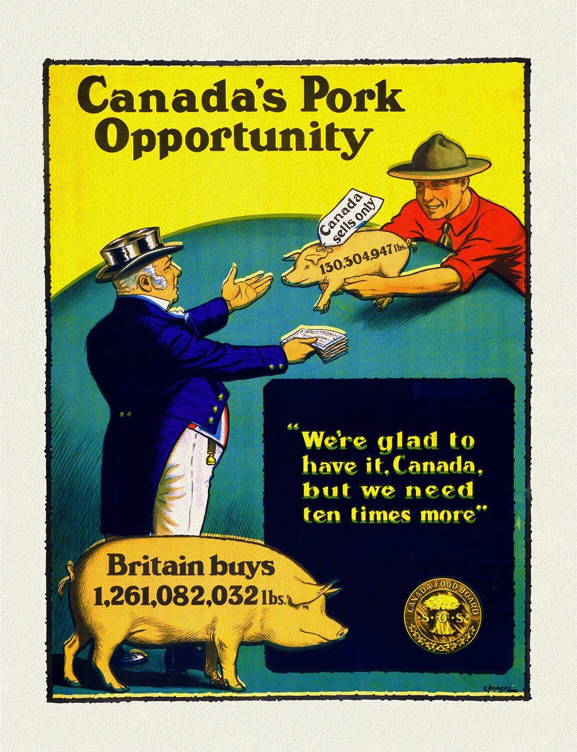 Canada's Pork Opportunity, vintage war poster on durable cotton canvas, 50 x 70 cm, 20 x 25" approx. - The Map Chest