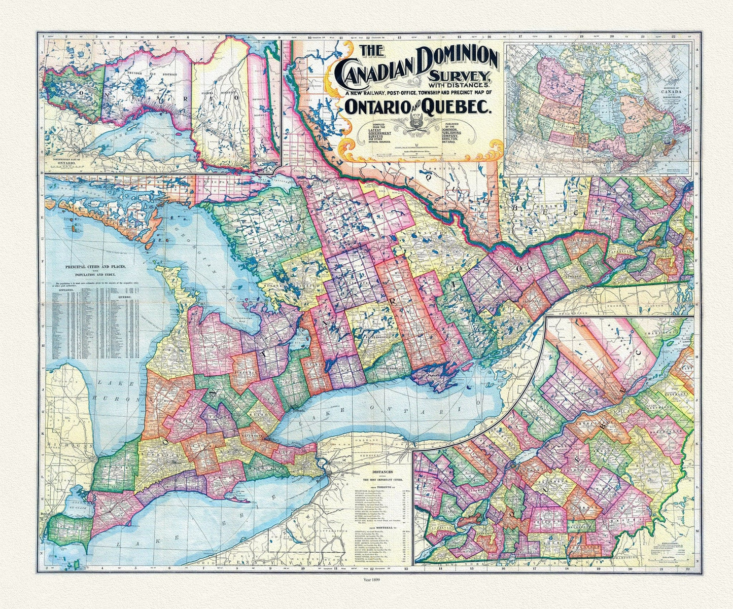 Canadian Dominion Survey, A New Railway, Post - Office, Township and Precinct Map Of Ontario and Quebec, 1899, on heavy cotton canvas, 22x27" - The Map Chest