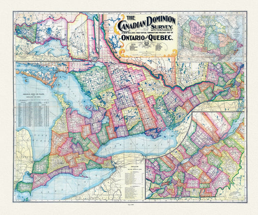 Canadian Dominion Survey, A New Railway, Post - Office, Township and Precinct Map Of Ontario and Quebec, 1899, on heavy cotton canvas, 22x27" - The Map Chest