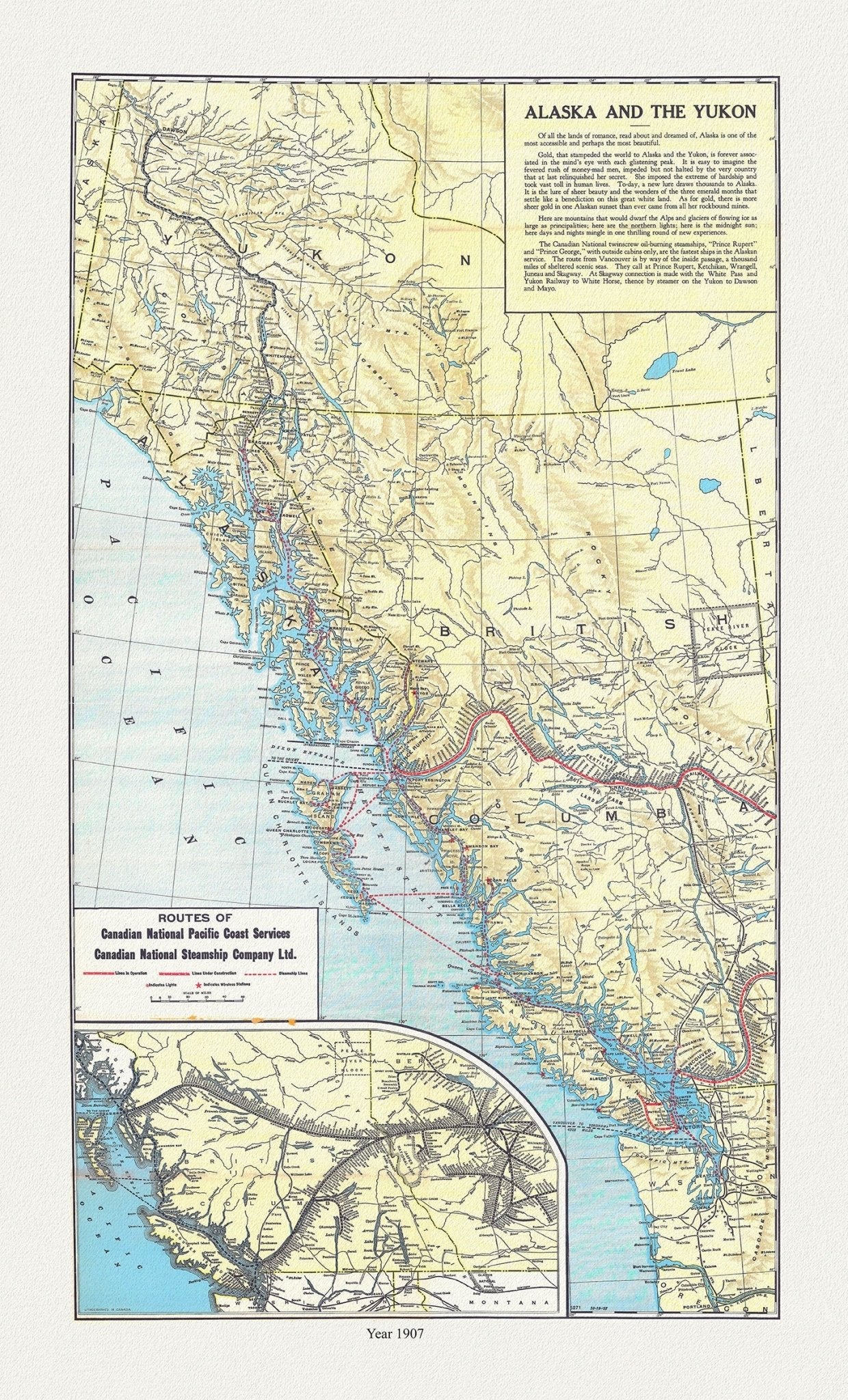 Canadian National Railway, Alaska and the Yukon, 1907, map on durable cotton canvas, 50 x 70 cm, 20 x 25" approx. - The Map Chest